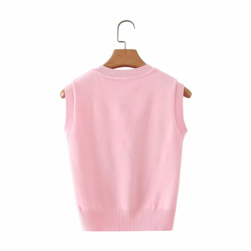 Pink Grid Knitted Sleeveless Vest NSAM43351