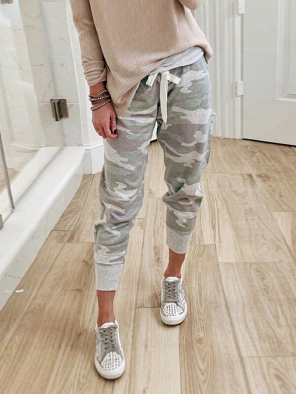 2026 New European and American Style Camouflage Print Drawstring Casual Pants for Women, High-Waisted Loose Cropped Jogger Pants for Women