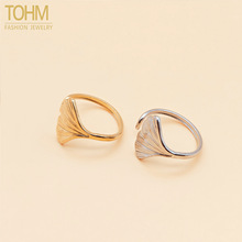 TOHM不锈钢银杏叶戒指 法式复古冷淡风开口18K金电镀简约叶子指环