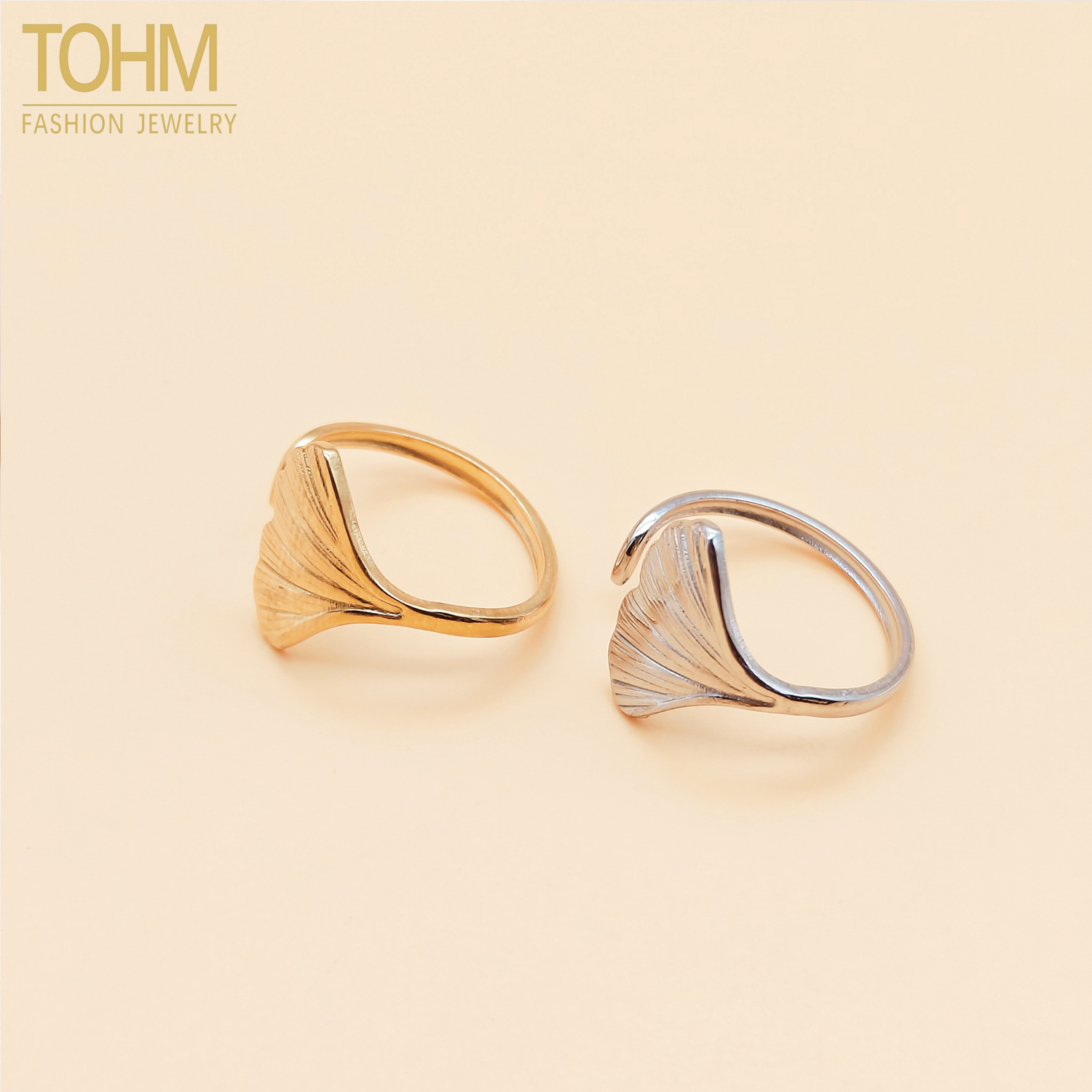 TOHM不锈钢银杏叶戒指 法式复古冷淡风开口18K金电镀简约叶子指环