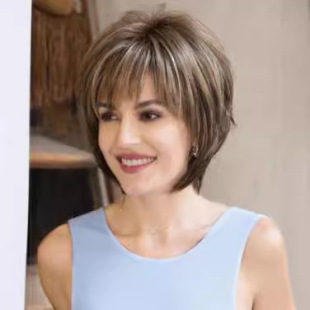 Cross-border wig European and American women's fashion chemical fiber headgear brown mixed color short straight hair factory in stock direct wholesale