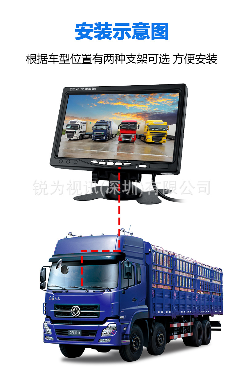 Truck Recorder Vehicle-Mounted Display 7inch High-Definition Reversing Images 12Vahd2-Channel Construction Vehicle Monitoring Display Screen