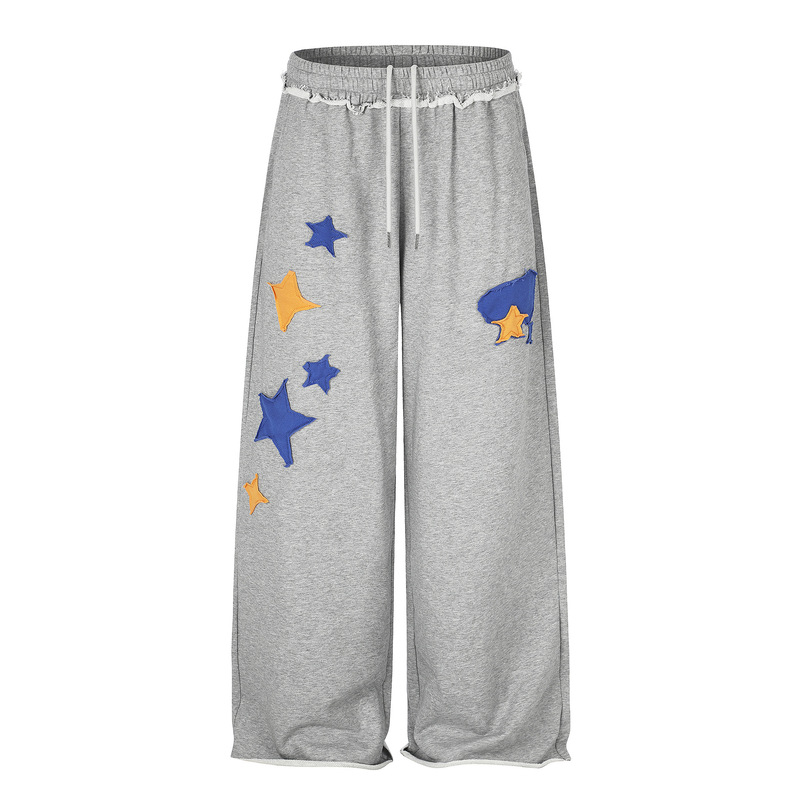 European and American retro men's pants, men's patchwork star straight-leg trendy brand loose new versatile unisex wide-leg trousers European and American retro men's pants, men's patchwork star straight-leg trendy brand loose new versatile unisex wide-leg trousers