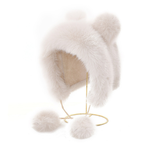 Japanese-style sweet & adorable teddy bear plush hat for women—autumn/winter, artistic faux fox fur with earflaps, keeping you warm in a Lei Feng style.