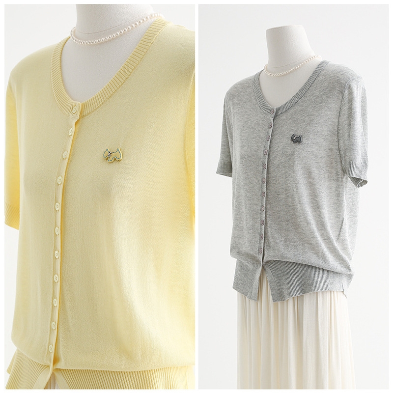 Fun Biscuit Puppy Breathable Tianshuang Linen Round Neck Single-breasted Short-sleeved Knitted Sweater Lyocell Cardigan for Women Z111