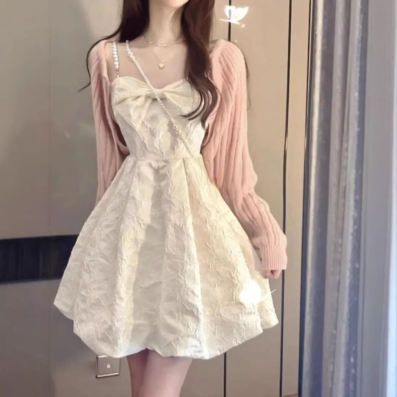 Two-Piece Set 2026 New Spring and Summer Sun-Protective Knit Jacket + Bowknot Slimming Pearl Strap Dress Two-Piece Set 2026 New Spring and Summer Sun-Protective Knit Jacket + Bowknot Slimming Pearl Strap Dress