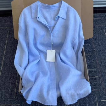 French-style artistic linen blue women's early spring and summer retro loose-fitting slimming casual long-sleeved sun-protective cotton linen top