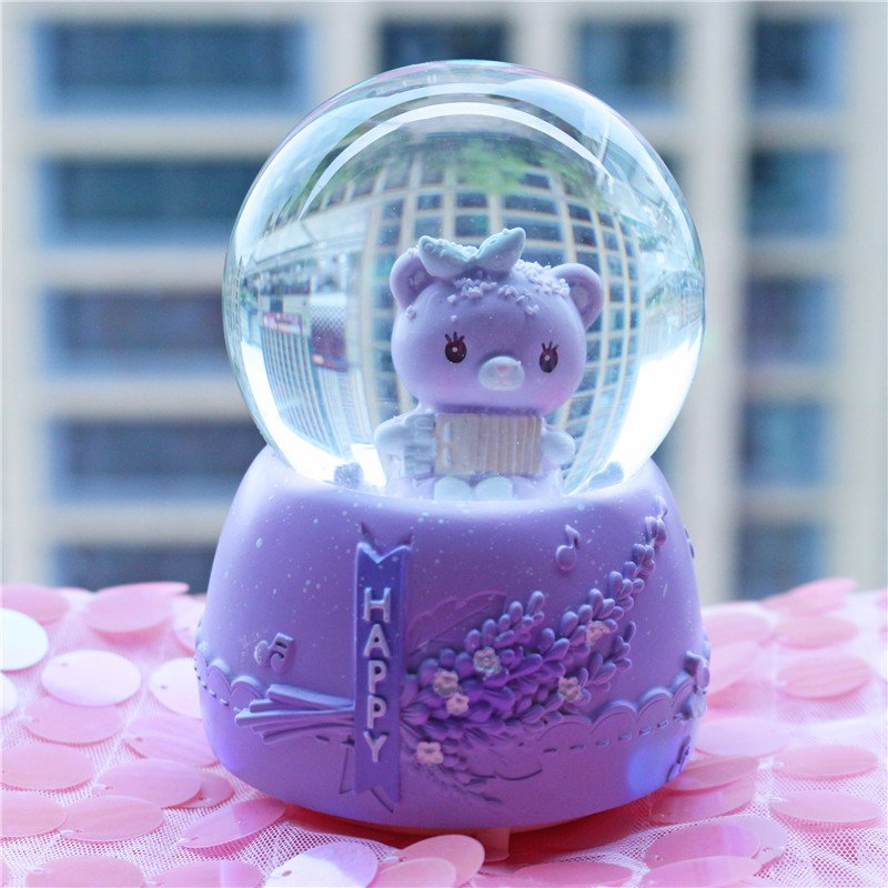 Nueva bola de cristal de mapache rosa pequeña, nieve, caja de música luminosa, luz nocturna, caja de música de regalo, artesanía de una pieza