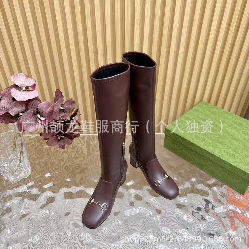 高端2025秋冬真皮圆头复古粗高跟马衔扣高筒弹力瘦瘦靴不过膝长靴|undefined