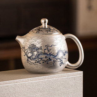 Sterling silver 999 teapot kung fu tea set household small set blue and white dragon pattern silver health cover Bowl gift box gift