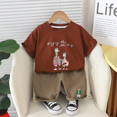 兒童夏季圓領套裝短袖t桖印花休閒風男女寶寶衣服兒童夏裝兩件套