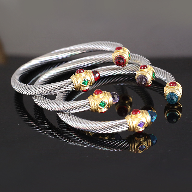 Fashion Round Stainless Steel Inlay Artificial Diamond Bangle 1 Piece