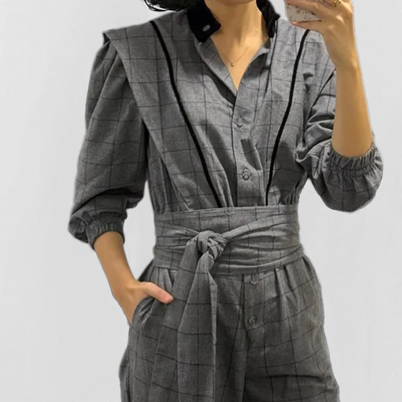 AliExpress 2025 primavera transfronteriza nueva ropa de mujer europea y americana a cuadros temperamento retro moda con cordones pantalones de una pieza mujeres