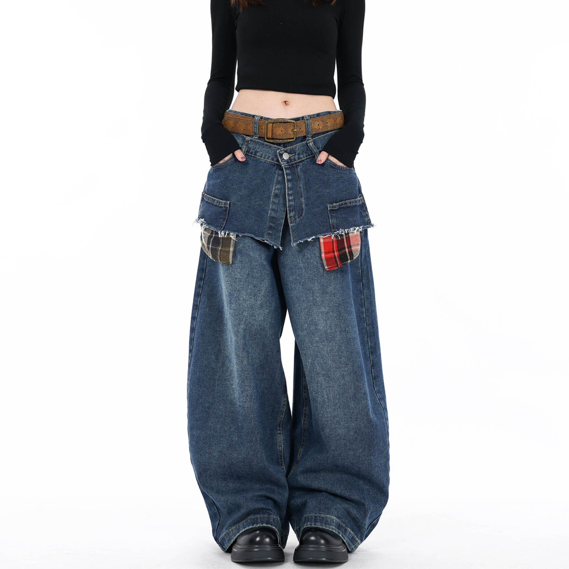 Men's Oversized Distressed Jeans High Street Style Fake Two-Pocket Design Relaxed Wide Leg Cotton Vintage Wash Unisex Streetwear_mkmklike.com