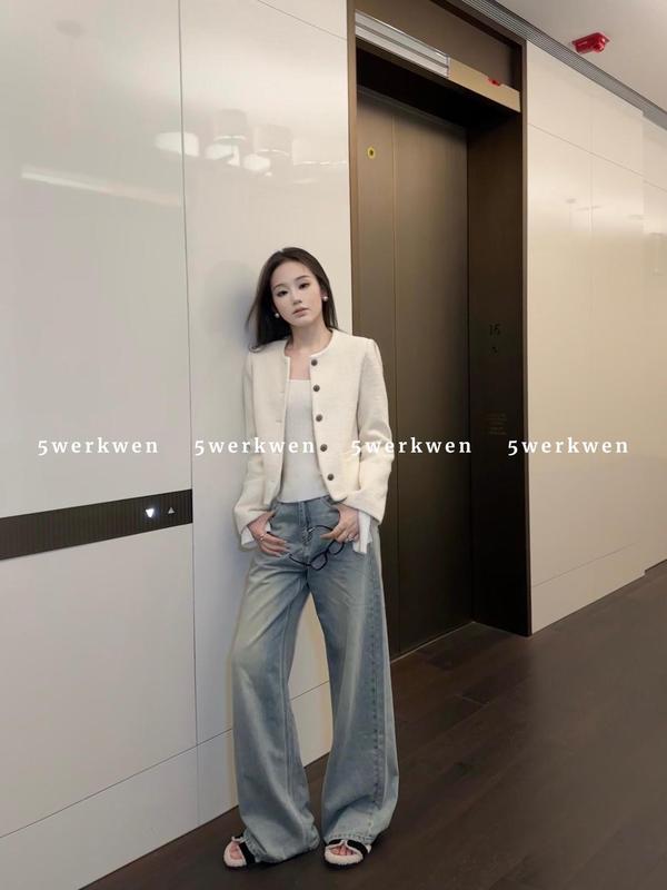 5werkwen秋冬小香风外套女黑色毛感宽松休闲高级羊毛混纺开衫上衣|undefined