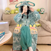 新品韩版2025冬季新款女绒加厚袍套连帽开衫可爱卡通甜美家居服