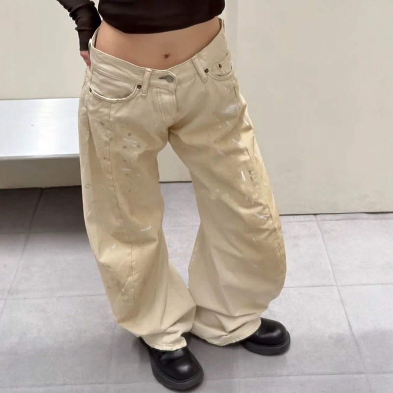 Foreign Trade Cross-Border Transshipment Warehouse Original Label Ac Brand Ins Internet Celebrity Style Cream-Colored Splash-Ink Scimitar Jeans Long Pants for Men and Women