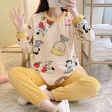 韩版秋冬季甜美卡通法兰绒睡衣女士圆领宽松加绒保暖少女可爱居家