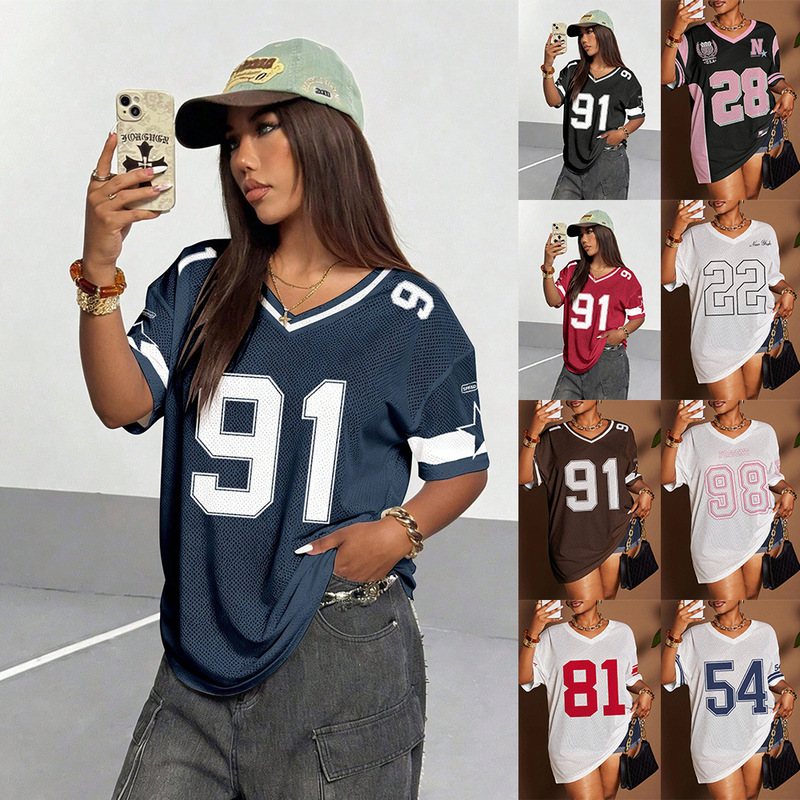 Cross-Border European and American Women's Clothing Loose V-Neck Sports Style Top American Street Style Digital Print Mesh Short-Sleeved Loose T-Shirt Cross-Border European and American Women's Clothing Loose V-Neck Sports Style Top American Street Style Digital Print Mesh Short-Sleeved Loose T-Shirt