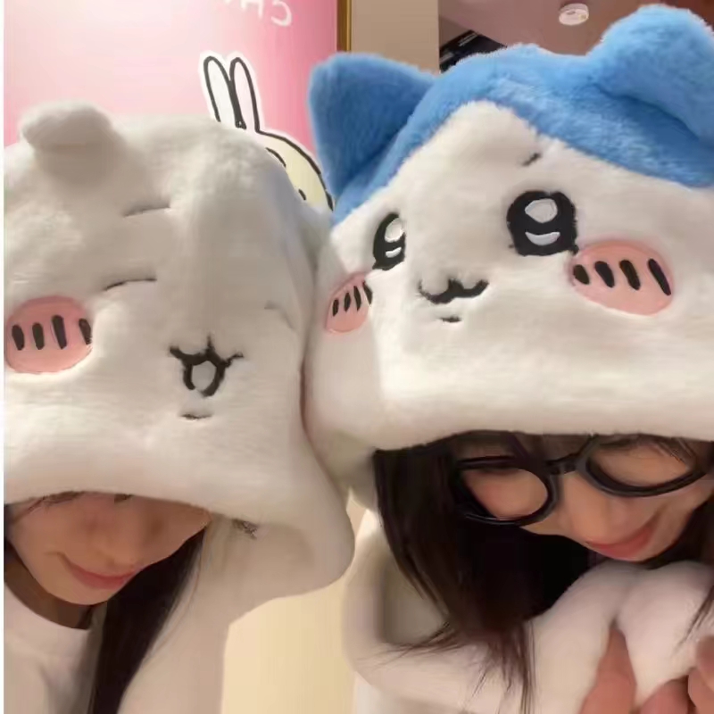 Chiikawa Plush Hat for Women, Winter Outdoor Cold-Proof and Warm-Keeping, Face-Slimming Ear-Protecting Headgear