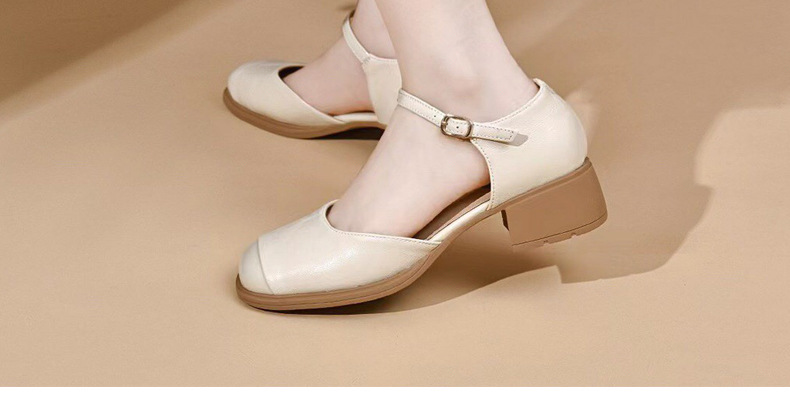 Dép sandal nữ da thật mũi vuông retro quai ngang đế xuồng — Màu nâu chi tiết 30