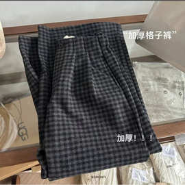 毛呢梭织格秋季新款格子裤复古加厚半松紧垂感宽松显瘦阔腿裤