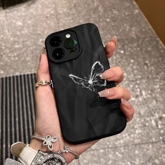 黑色蝶影蘋果iPhone15褶皺手機殼14promax軟殼13pro高級12/11防摔