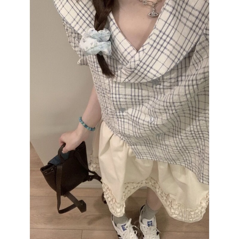 French-Style Sweet Blue Plaid Sailor Collar Short-Sleeved Shirt for Women, New Autumn Style, Loose Short Puff-Sleeved Top