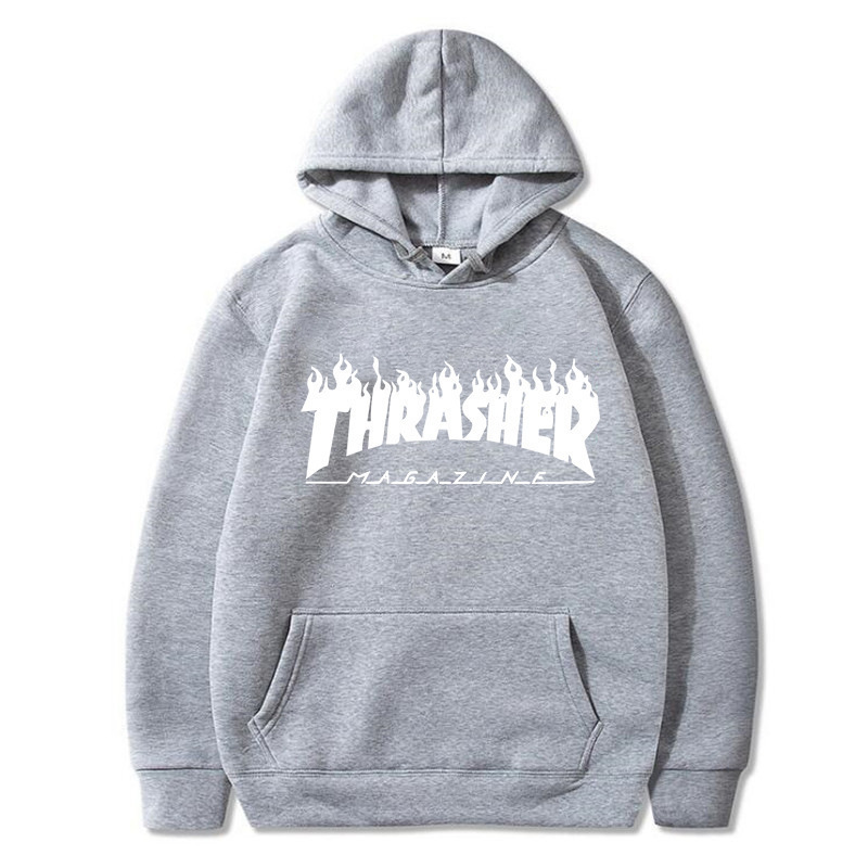 Cross-Border Supply Spring and Autumn Style Letter Flame Trendy Brand Pullover Sweatshirt for Men and Women Thrasher Fleece Hoodie
