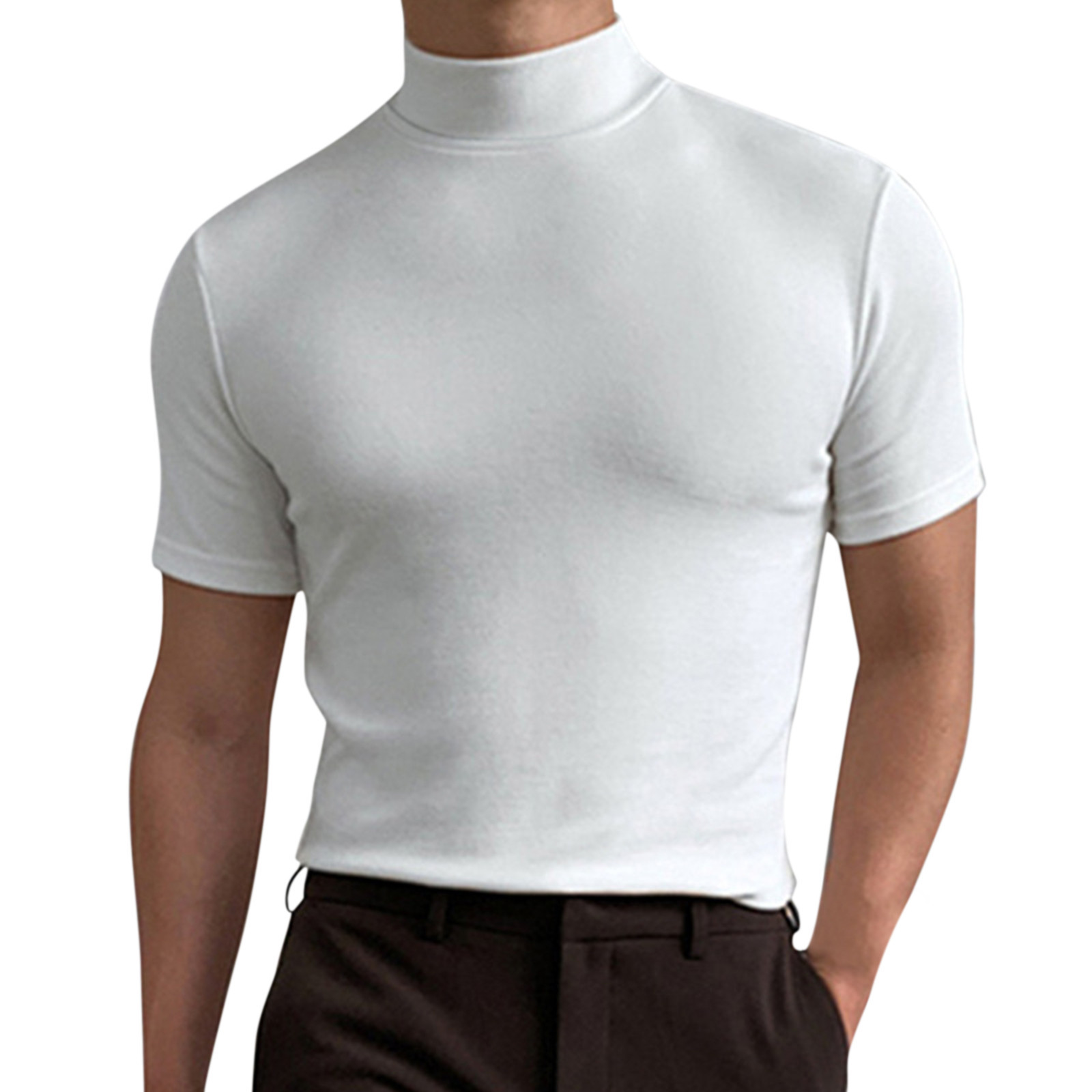 2024 Herbst und Winter Hoher Kragen Kurzarm T-Shirt Herren Unterlage Einfarbig Top_voghion.com