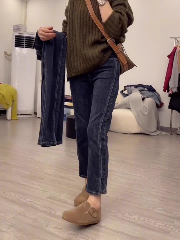 S-5XL大码微喇叭牛仔裤女2024冬梨形身材宽松高腰显瘦直筒阔腿裤|undefined