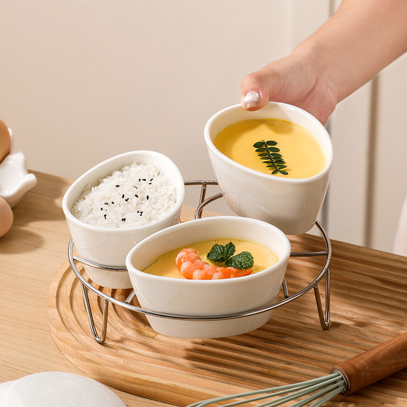 Ceramic Fan-Shaped Steaming Box, Steamed Egg Bowl with Lid, One Pot, Three Steaming Steamer, Rice Cooker Special Bowl, Steaming Bowl, Steamed Rice, Steamed Vegetables and Meat