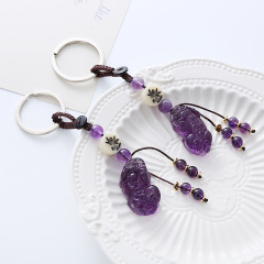 新款復古流蘇紫水晶貔貅鑰匙扣汽車掛件復古創意手工編織掛飾配飾