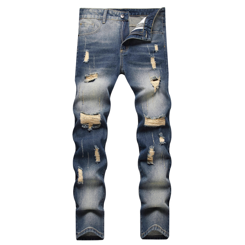 Cross-Border European and American New Style Non-Elastic Straight Ripped Jeans Fashion Men's Slim Fit Amazon Foreign Trade Denim Pants
