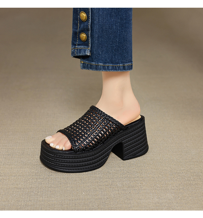 Sandal cao gót nữ đế dày phong cách La Mã, mũi hở, quai đan lộng lẫy — màu đen, màu trắng ngà chi tiết 8