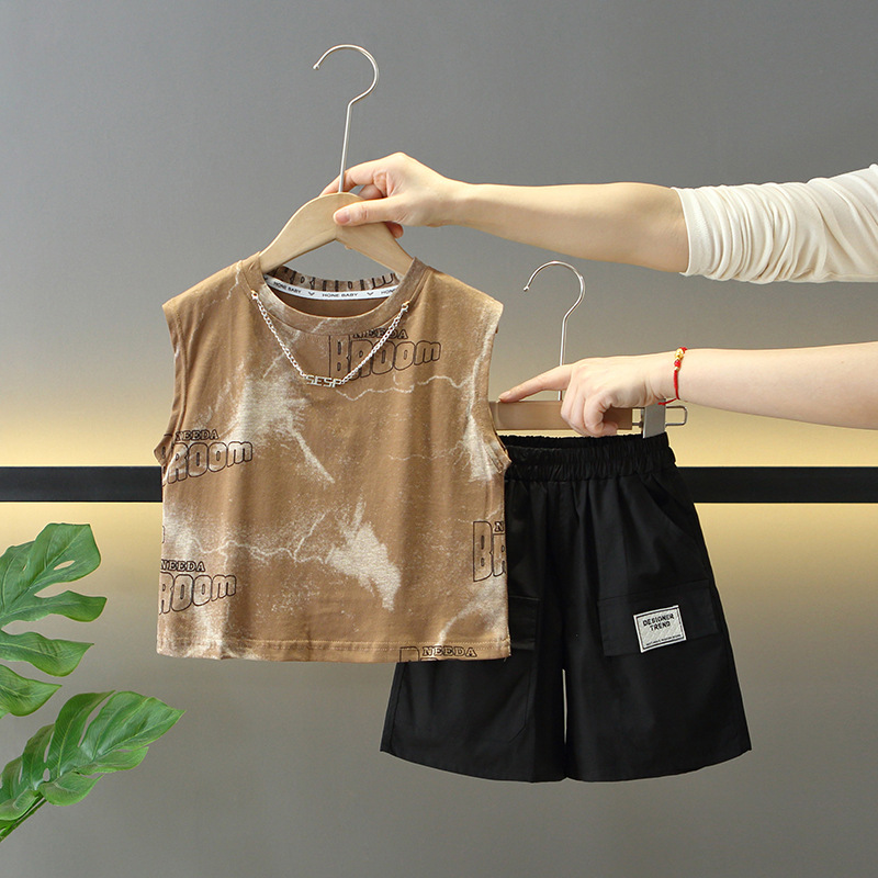 7910 traje de chaleco de verano para niños 2025 nueva ropa de bebé de dos piezas sin mangas delgadas de verano para niños de moda