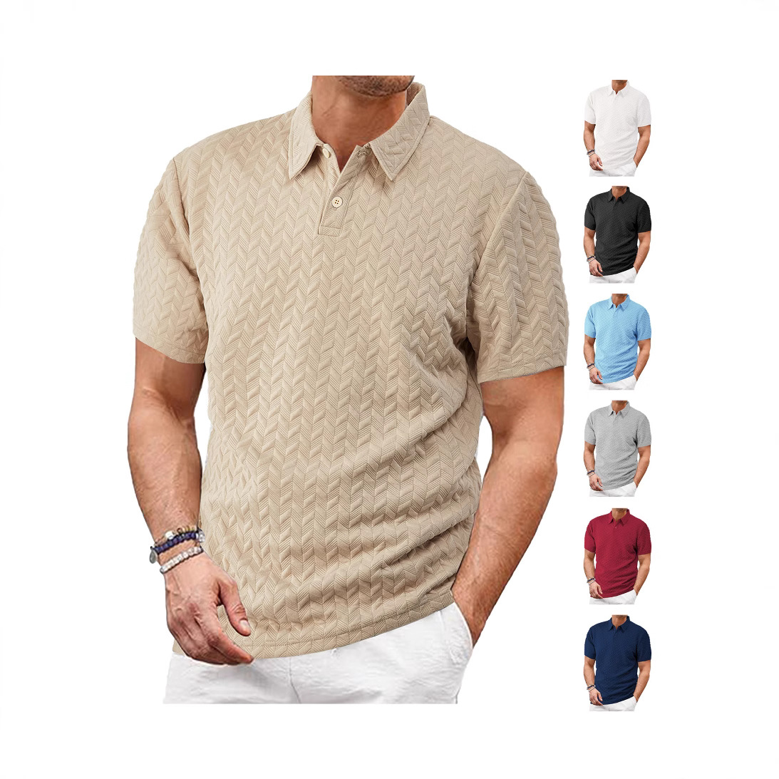Ropa de hombre transfronteriza Europa y América Verano fino transpirable transpirable suelta casual color sólido jacquard camisa polo de manga corta para hombre