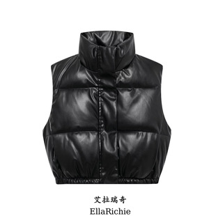 Ellarichie 2025 New European and American Cross-Border Women's Black Short Vest Imitation Leather Cotton Vest 4341804