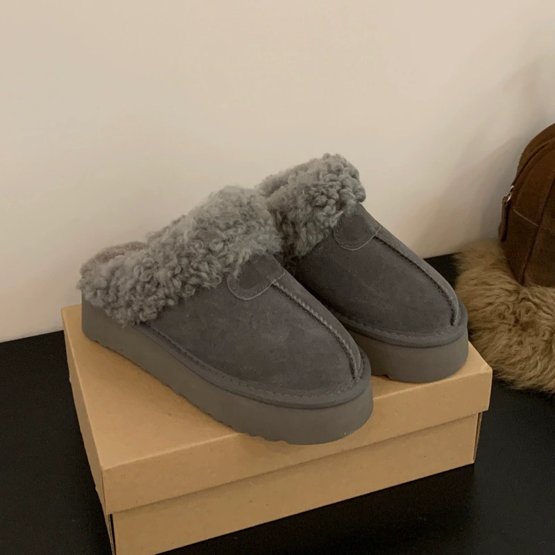 Fleece keep warm winter slippers, genuine leather