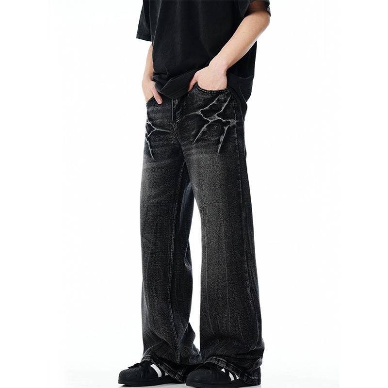 American Retro Vibe Lightning Crackle Jeans Black Heavy Washed High Street Cleanfit Bootcut Pants