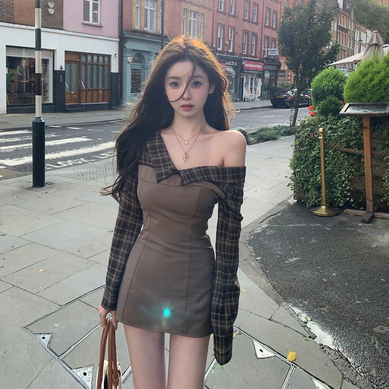 Autumn and Winter French Retro Plaid Patchwork Fake Two-Piece Off-Shoulder Bodycon Short Dress Pure Desire Hot Girl Slim Versatile Long-Sleeve Trendy