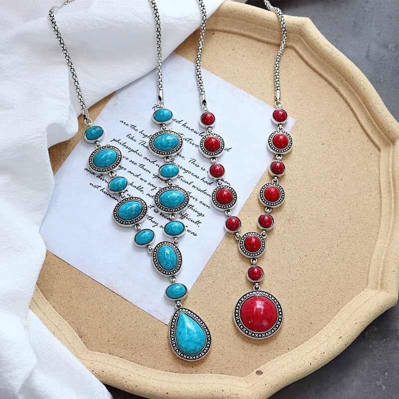 Retro Long Turquoise Necklace Women's European and American Personality Exaggerated Elegant Woolen Chain Xizang Ethnic Style All-match Hanging Jewelry Retro Long Turquoise Necklace Women's European and American Personality Exaggerated Elegant Woolen Chain Xizang Ethnic Style All-match Hanging Jewelry