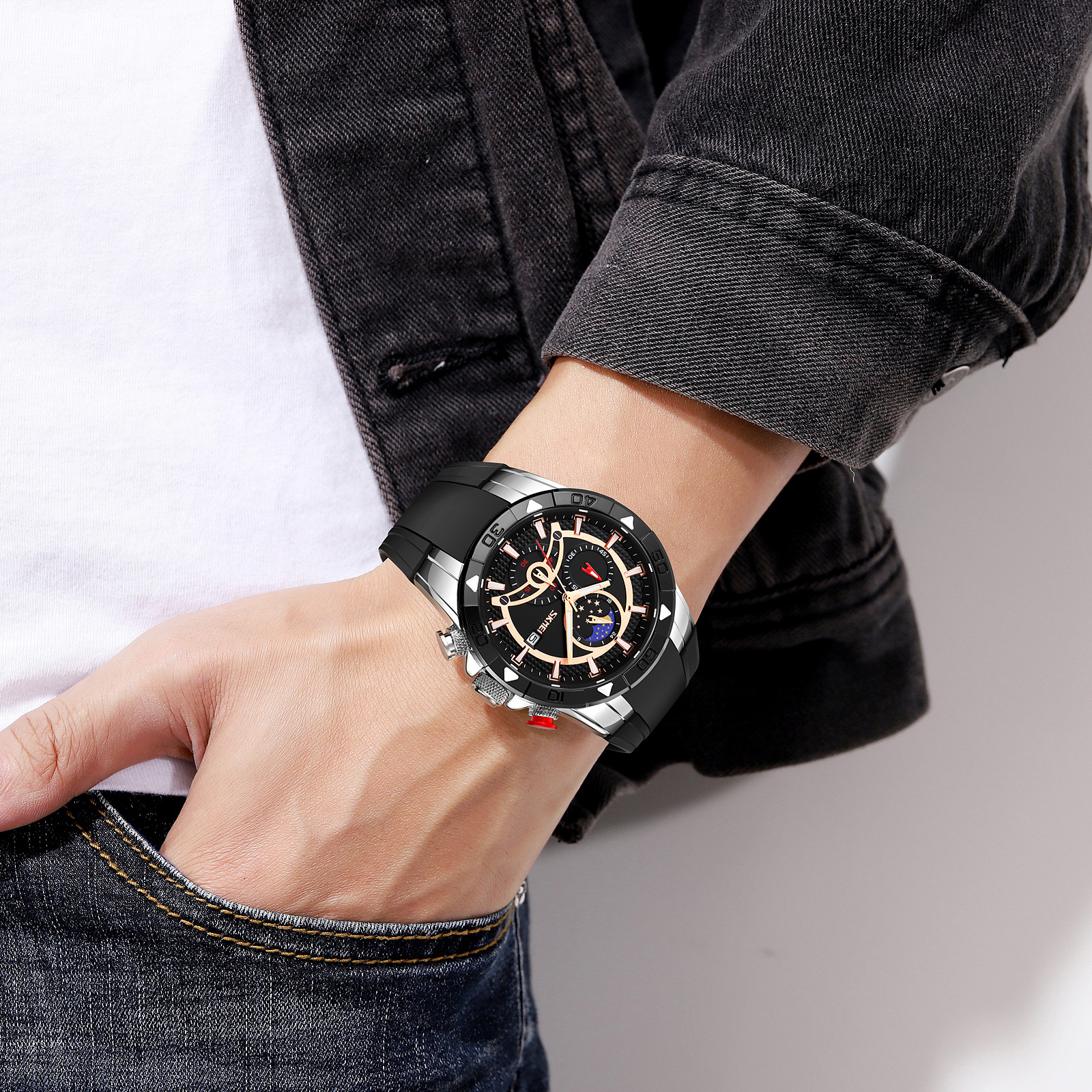 Momentos de belleza para hombres cronógrafo multifuncional de cuarzo muestra fase lunar reloj de pulsera impermeable correa de silicona reloj de deportes transfronterizos para hombres