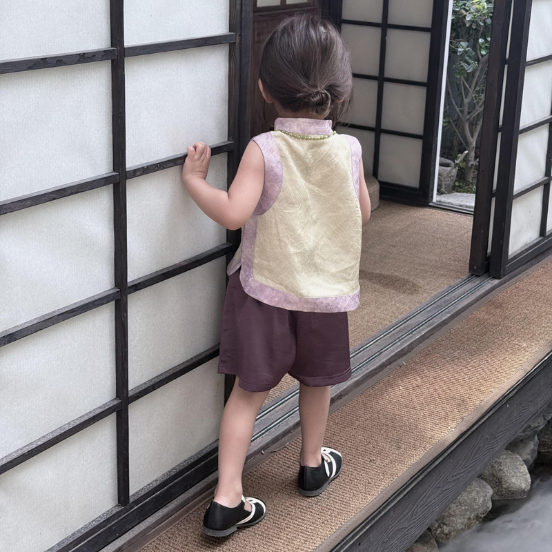 ホリデー限定！女の子の漢服スーツ夏の子供の新しい中国風紫色の薄い唐スーツベスト酢酸スカート|undefined