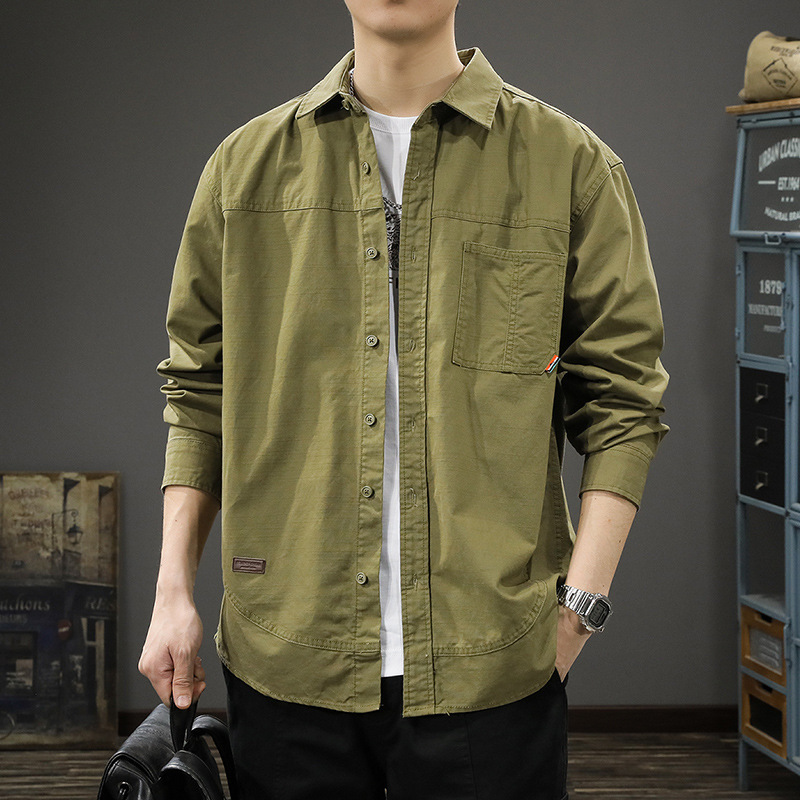 Spring American retro canvas brushed casual shirt men's fashion brand loose plus size shirt lapel thin coat