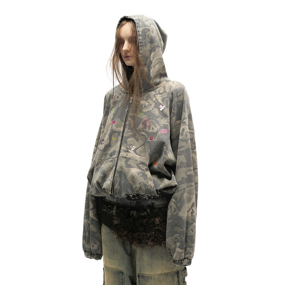 Giacca con cappuccio patchwork mimetica vintage da uomo e da donna, stile punk, vestibilità ampia, effetto consumato, per abbigliamento casual da strada, taglie dalla M alla 2XL_voghion.com