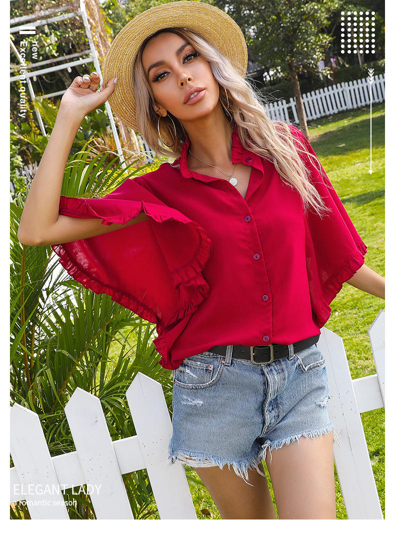 summer new fashion solid color solid color ruffled short-sleeved ruffled shirt NSYYF61437