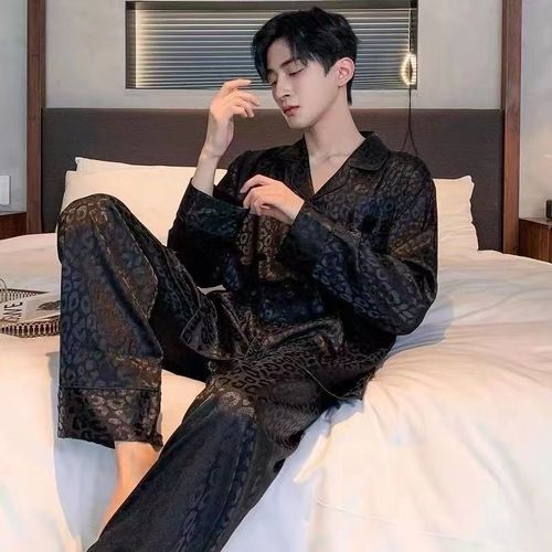 Men's Spring and Autumn Pajama Set, Ice Silk Long Pants, Long-Sleeve Youth High-Grade Simulated Silk Summer Thin Home Wear Set