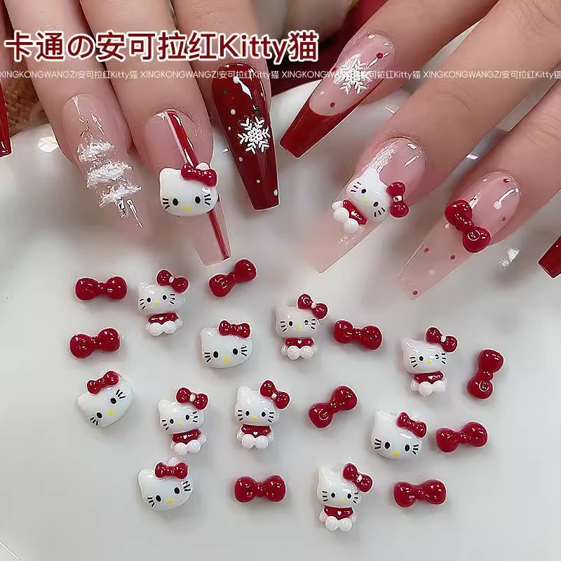Cartoon Ancora Red Nail Art Accessories Hello Kitty Cat Red Bow New Year Nail Accessories Wholesale