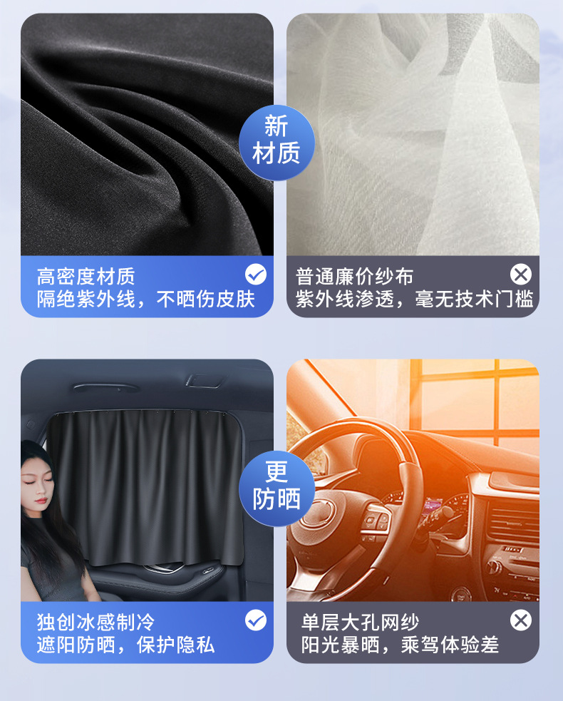 Car track-style sunshade curtain for sun protection and heat insulation, privacy blackout curtain for the car interior, pure black side curtain for the rear seats of the car